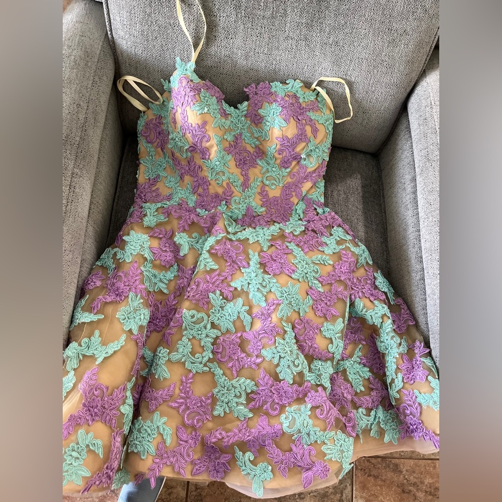 Strapless Lace Dress in Purple and Mint